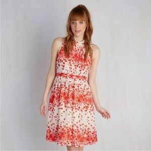 Anthropologie Fervour White Red Floral Paprika Bouquet High Neck Retro Dress S